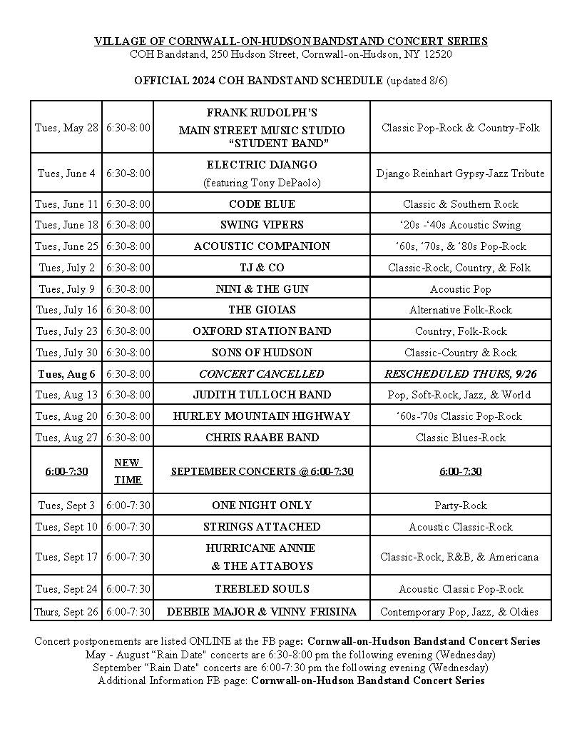 Bandstand Schedule 2024 updated 8-6