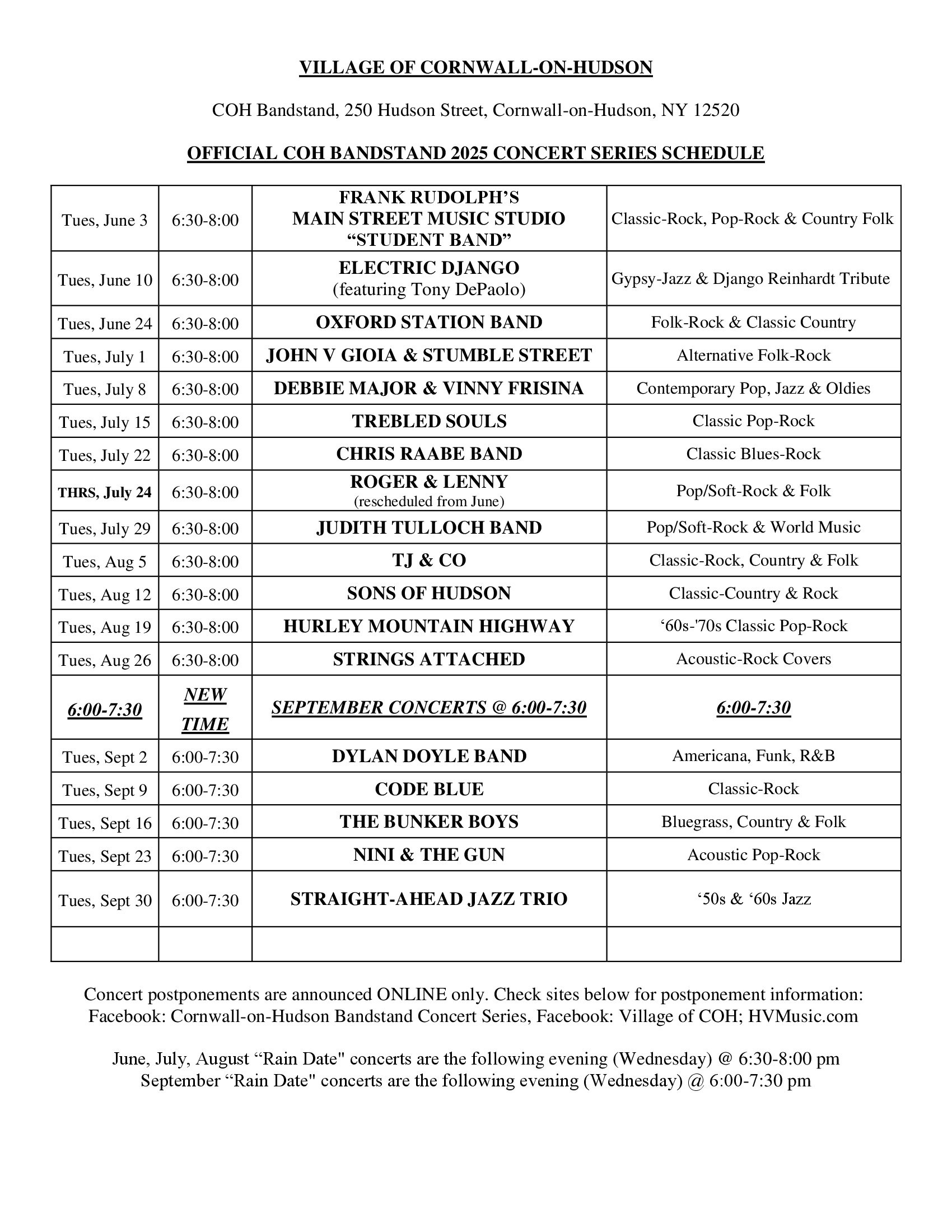 Bandstand Schedule 2025