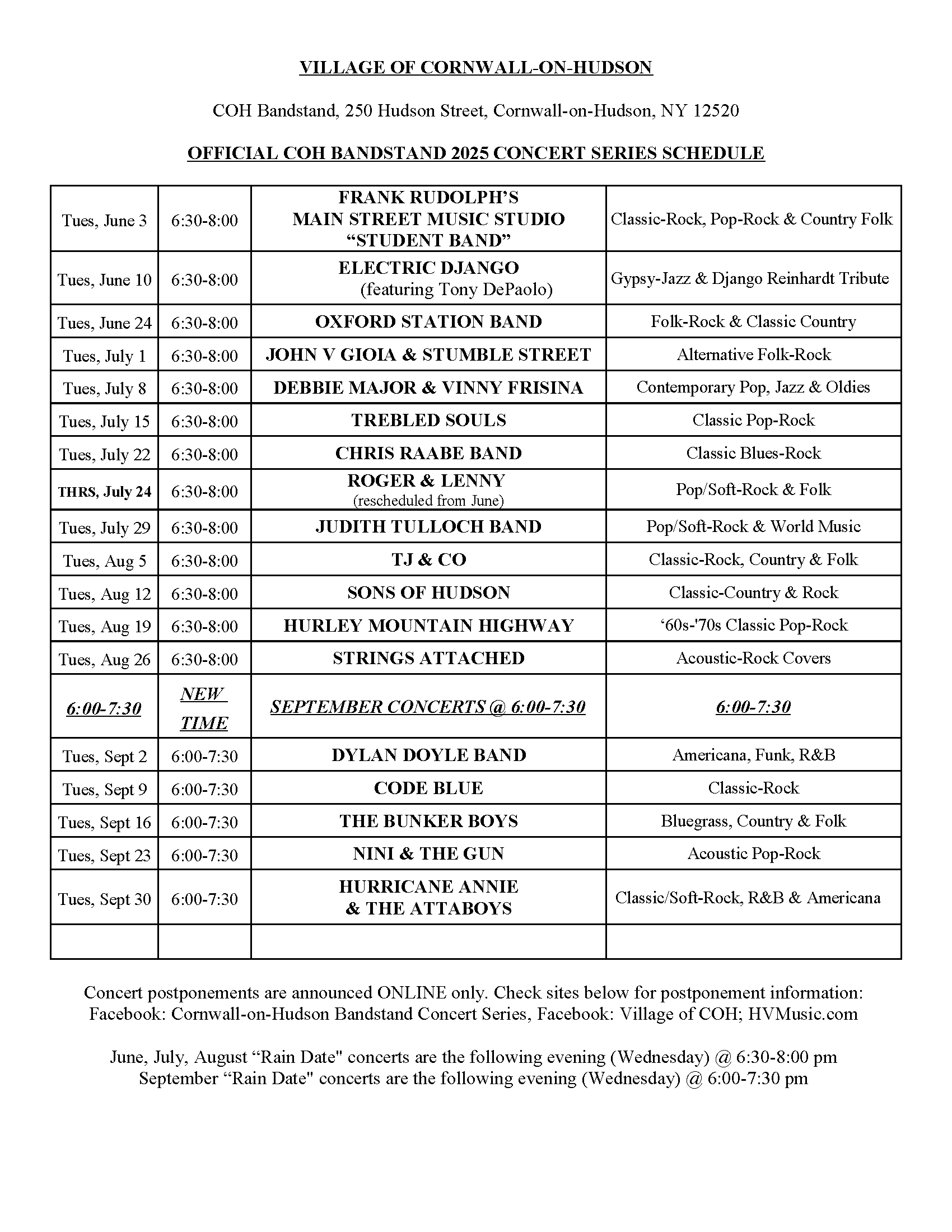 Bandstand Schedule 2025 Bandstand Schedule 2025